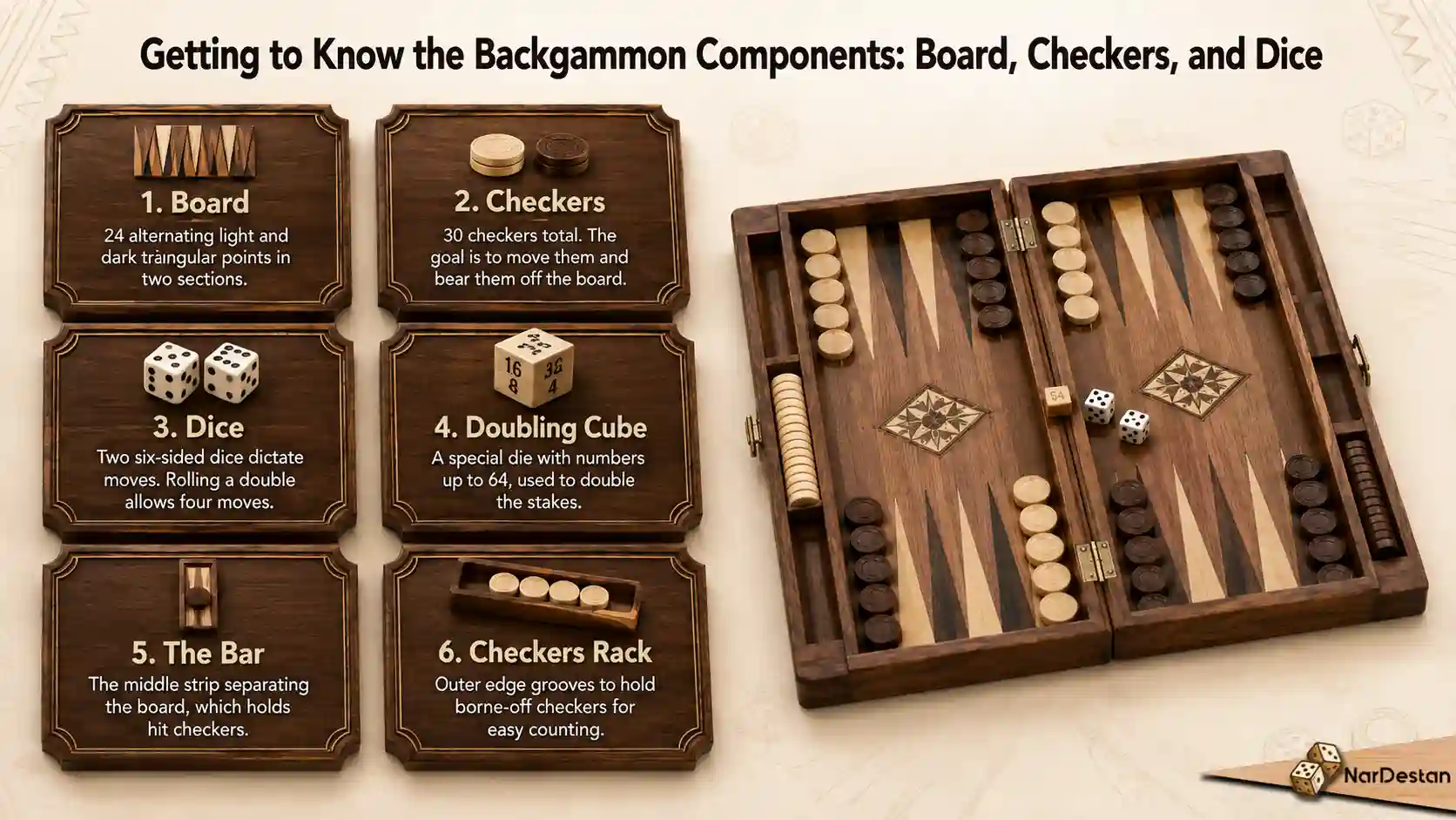 Getting to Know the Backgammon Components Board, Checkers, and Dice