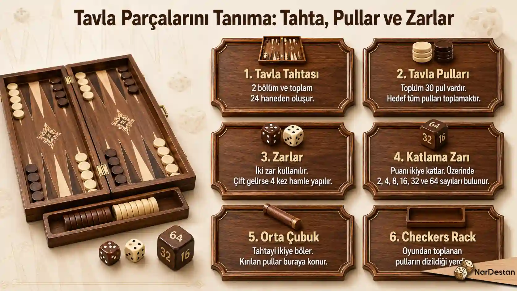 Tavla Parçalarını Tanıma Tahta, Pullar ve Zarlar
